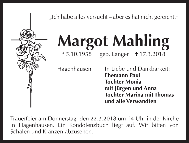  Traueranzeige für Margot Mahling vom 20.03.2018 aus Pegnitz-Zeitung