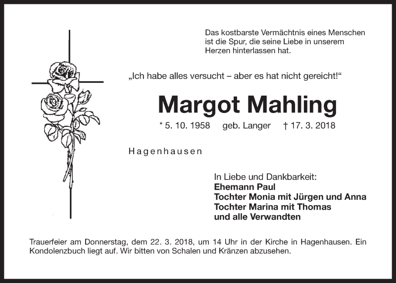  Traueranzeige für Margot Mahling vom 20.03.2018 aus Der Bote