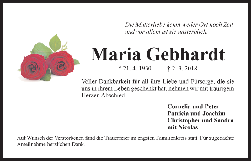  Traueranzeige für Maria Gebhardt vom 24.03.2018 aus Der Bote