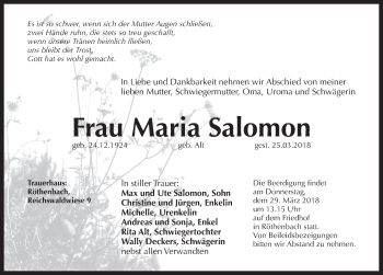 Traueranzeige von Maria Salomon von Pegnitz-Zeitung