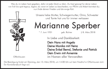 Traueranzeige von Marianne Sperber von Hersbrucker Zeitung