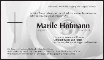 Traueranzeige von Marile Hofmann von Pegnitz-Zeitung