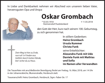 Traueranzeige von Oskar Grombach von Hersbrucker Zeitung