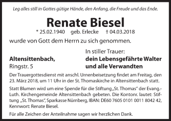 Traueranzeige von Renate Biesel von Hersbrucker Zeitung
