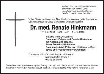 Traueranzeige von Renate Hinkmann von Der Bote