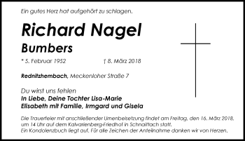 Traueranzeige von Richard Nagel von Pegnitz-Zeitung