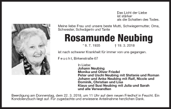Traueranzeige von Rosamunde Neubing von Der Bote