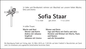 Traueranzeige von Sofia Staar von Pegnitz-Zeitung
