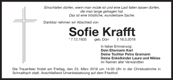 Traueranzeige von Sofie Krafft von Pegnitz-Zeitung