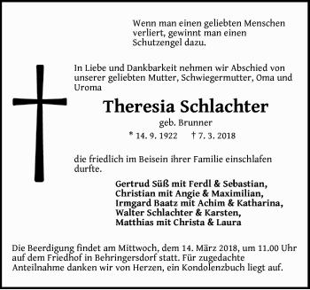 Traueranzeige von Theresia Schlachter von Pegnitz-Zeitung
