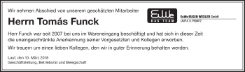 Traueranzeige von Tomás Funck von Pegnitz-Zeitung