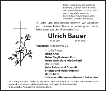 Traueranzeige von Ulrich Bauer von Hersbrucker Zeitung