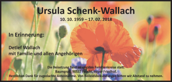 Traueranzeige von Ursula Schenk-Wallach von Der Bote