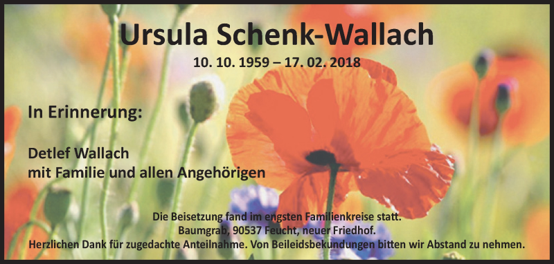  Traueranzeige für Ursula Schenk-Wallach vom 17.03.2018 aus Der Bote