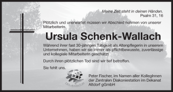 Traueranzeige von Ursula Schenk-Wallach von Der Bote