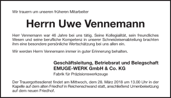 Traueranzeige von Uwe Vennemann von Pegnitz-Zeitung