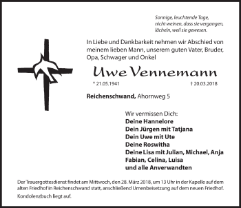 Traueranzeige von Uwe Vennemann von Hersbrucker Zeitung