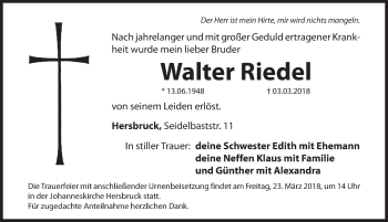 Traueranzeige von Walter Riedel von Hersbrucker Zeitung