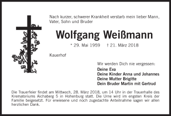 Traueranzeige von Wolfgang Weißmann von Der Bote
