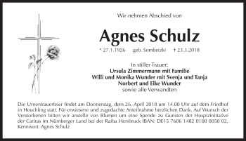 Traueranzeige von Agnes Schulz von Pegnitz-Zeitung