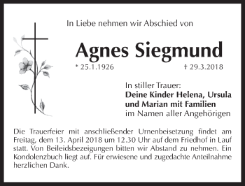 Traueranzeige von Agnes Siegmund von Pegnitz-Zeitung