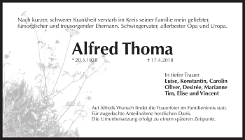 Traueranzeige von Alfred Thoma von Pegnitz-Zeitung