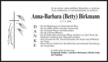Traueranzeige von Anna-Barbara Birkmann von Pegnitz-Zeitung