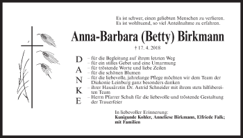 Traueranzeige von Anna-Barbara Birkmann von Der Bote