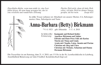 Traueranzeige von Anna-Barbara Birkmann von Pegnitz-Zeitung