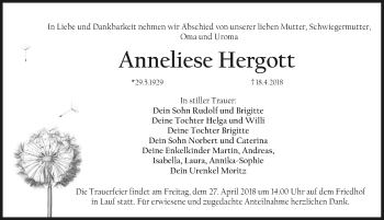 Traueranzeige von Anneliese Hergott von Pegnitz-Zeitung