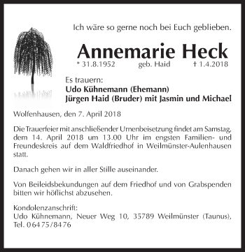 Traueranzeige von Annemarie Heck von Pegnitz-Zeitung