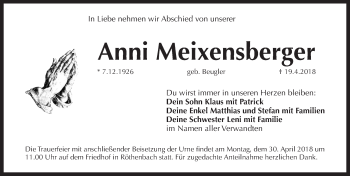 Traueranzeige von Anni Meixensberger von Pegnitz-Zeitung