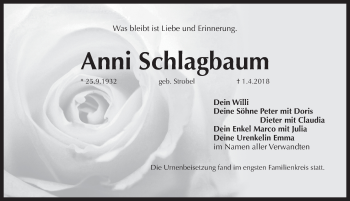 Traueranzeige von Anni Schlagbaum von Pegnitz-Zeitung