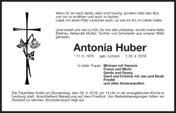 Traueranzeige von Antonia Huber von Der Bote