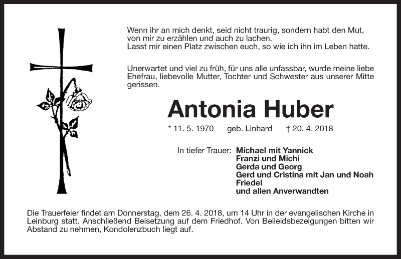  Traueranzeige für Antonia Huber vom 24.04.2018 aus Pegnitz-Zeitung