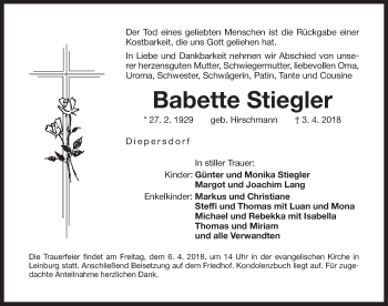 Traueranzeige von Babette Stiegler von Pegnitz-Zeitung