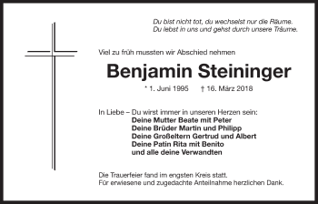 Traueranzeige von Benjamin Steininger von Der Bote