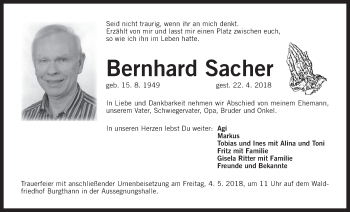 Traueranzeige von Bernhard Sacher von Der Bote
