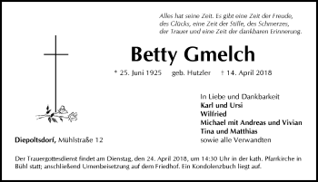 Traueranzeige von Betty Gmelch von Pegnitz-Zeitung