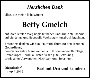 Traueranzeige von Betty Gmelch von Pegnitz-Zeitung