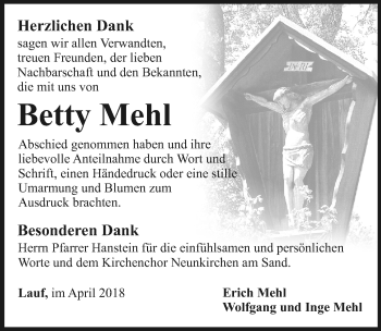 Traueranzeige von Betty Mehl von Pegnitz-Zeitung