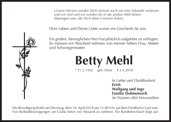 Traueranzeige von Betty Mehl von Pegnitz-Zeitung