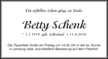 Traueranzeige von Betty Schenk von Pegnitz-Zeitung