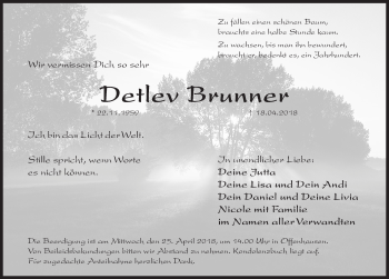 Traueranzeige von Detlev Brunner von Hersbrucker Zeitung