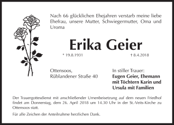 Traueranzeige von Erika Geier von Pegnitz-Zeitung