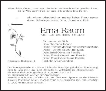Traueranzeige von Erna Raum von Pegnitz-Zeitung