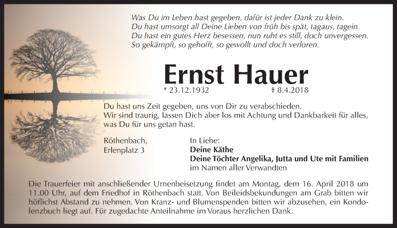  Traueranzeige für Ernst Hauer vom 12.04.2018 aus Pegnitz-Zeitung