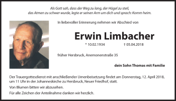 Traueranzeige von Erwin Limbacher von Hersbrucker Zeitung