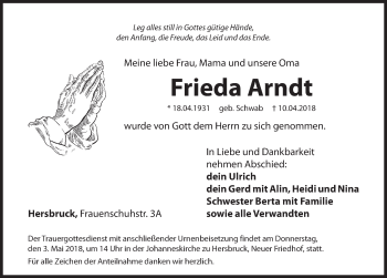 Traueranzeige von Frieda Arndt von Hersbrucker Zeitung