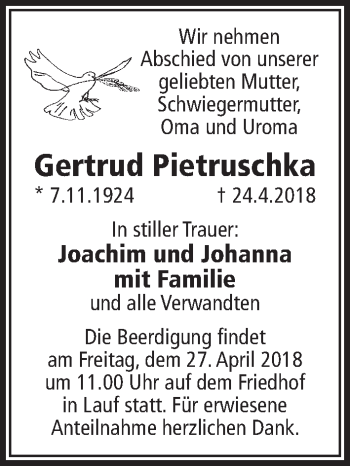Traueranzeige von Gertrud Pietruschka von Pegnitz-Zeitung